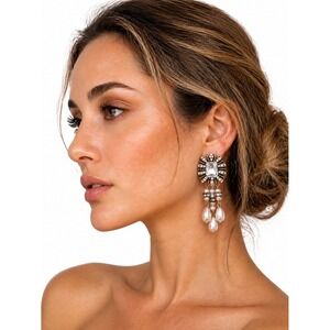 Vintage Style Rhinestone & Faux Pearl Chandelier Earrings Gold Tone
